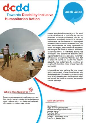 cover of Quick Guide DCDD Towards Disability Inclusive Humanitarian Action. Including picture and Table of Contents: key concepts