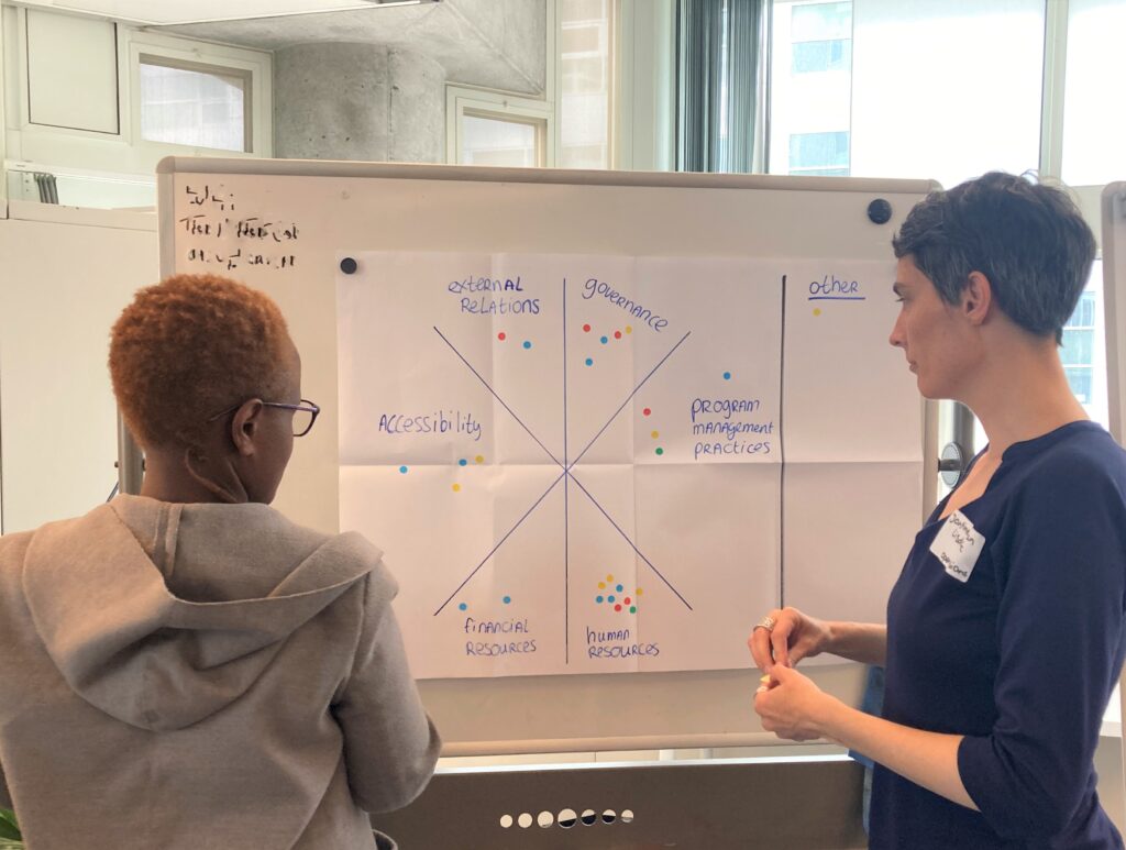 Two training participants standing in front of a flipchart thinking where they would position their stickers. On the flipcharts six categories: external relations, governance, programme management practices, human resources, financial resources, accessibility.